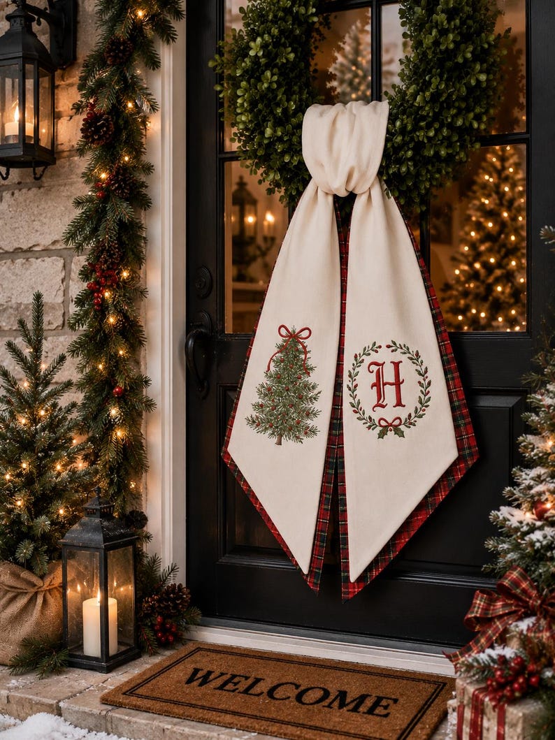 May include: A cream-colored fabric door hanger draped over a green wreath, featuring a red and green plaid backing. The left panel displays a decorated Christmas tree with a red bow, while the right panel shows a red letter H inside a green wreath.