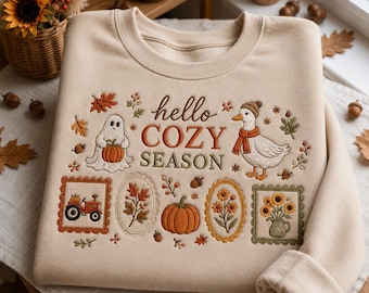Embroidered  Cozy Season Crewneck, Cottagecore Fall Sweatshirt, Autumn Floral Goose Shirt, Autumn Girly Gift