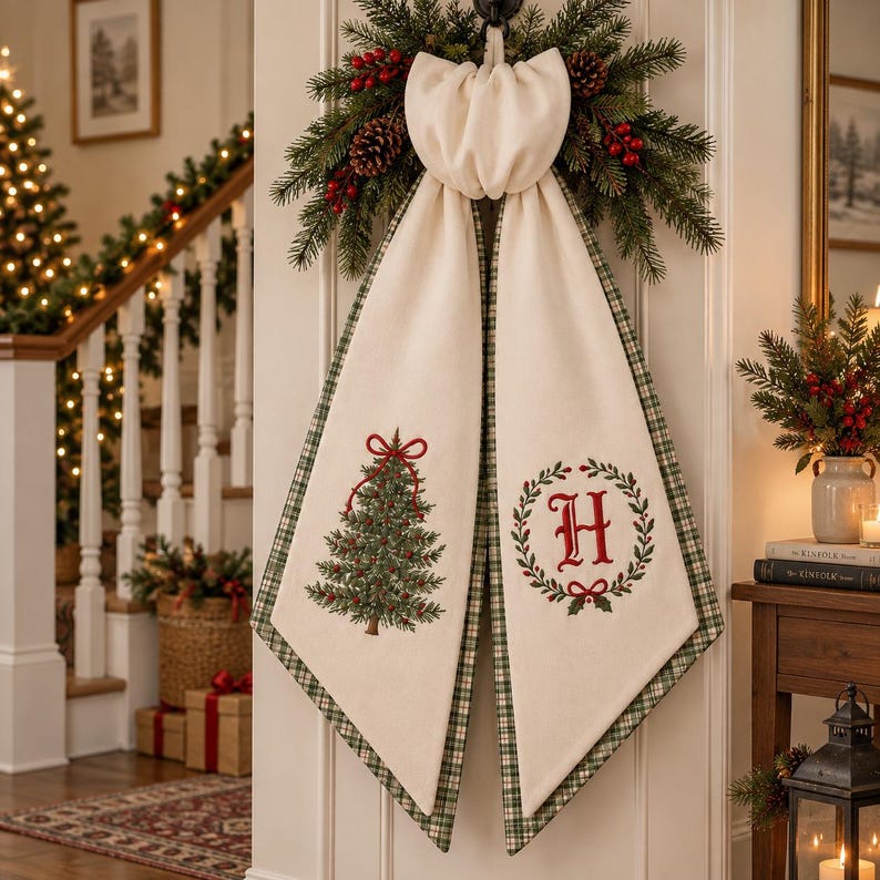 May include: A cream-colored fabric door hanger featuring a large bow at the top, accented with a pine and berry wreath. One panel displays an embroidered green Christmas tree with a red bow, while the other shows a red letter H inside a green wreath.