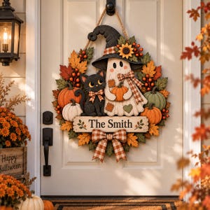 2 Layers Halloween Patchwork Witch Ghost & Black Cat Wooden Sign, Spooky Fall Front Door Decor, Rustic Autumn Halloween Sign