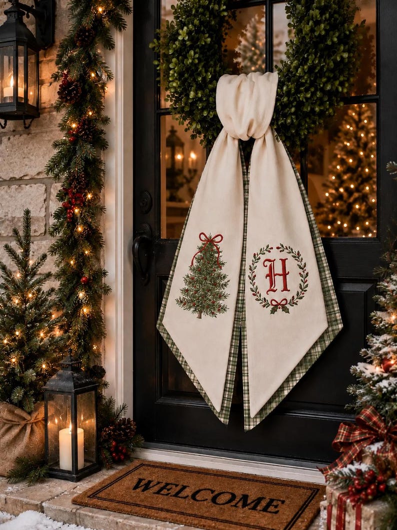 May include: A cream-colored fabric door hanger featuring a green Christmas tree with a red bow on one side and a red letter H inside a green wreath on the other. The fabric has a green and white plaid backing and hangs from a green wreath.