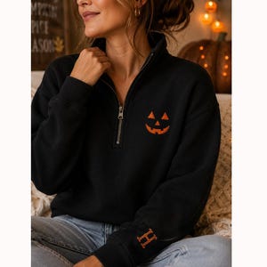 Personalized Embroidered Pumpkin Halloween Quarter Zip Sweatshirt,Halloween Thanksgiving Pumpkin Fall Apparel