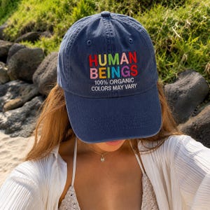 Embroidered "Human Beings" Vintage Washed Hat, Retro Pride Cap, 100% Organic