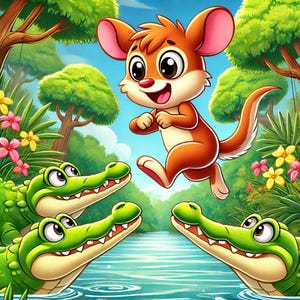 May include: A cartoon illustration of a brown and orange mouse with large ears jumping over two green crocodiles with open mouths. The background is a lush green forest with flowers.