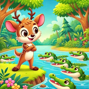 May include: A cartoon deer with brown fur and large eyes stands on a green grassy bank overlooking a blue river.  Five green alligators with white teeth are swimming in the water.