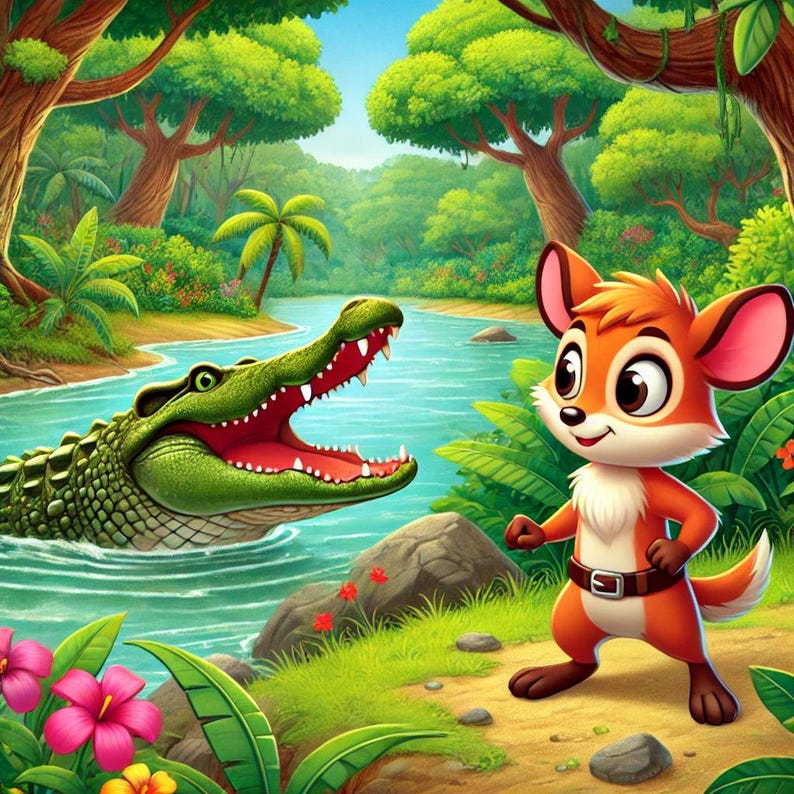 May include: A cartoon illustration of a green alligator with its mouth open and a red fox with a brown tail and a white belly standing on a path in a jungle setting.