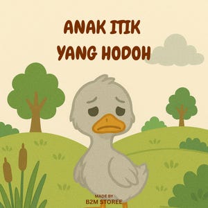 May include: A cartoon illustration featuring a sad grey duckling with a yellow beak, set in a green landscape with trees. The image includes the text "ANAK ITIK YANG HODOH" in brown, with a soft, illustrative style.