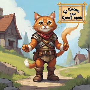 Könnte beinhalten: Ein orangefarbene Cartoon-Katze in mittelalterlicher Kleidung, die ein Schild mit der Aufschrift "Si Kucing Dan Kasut Ajaib" hält. Die Katze steht auf einem Weg mit einem kleinen Haus und grünem Gras im Hintergrund. Die Katze trägt einen roten Schal und braune Stiefel.