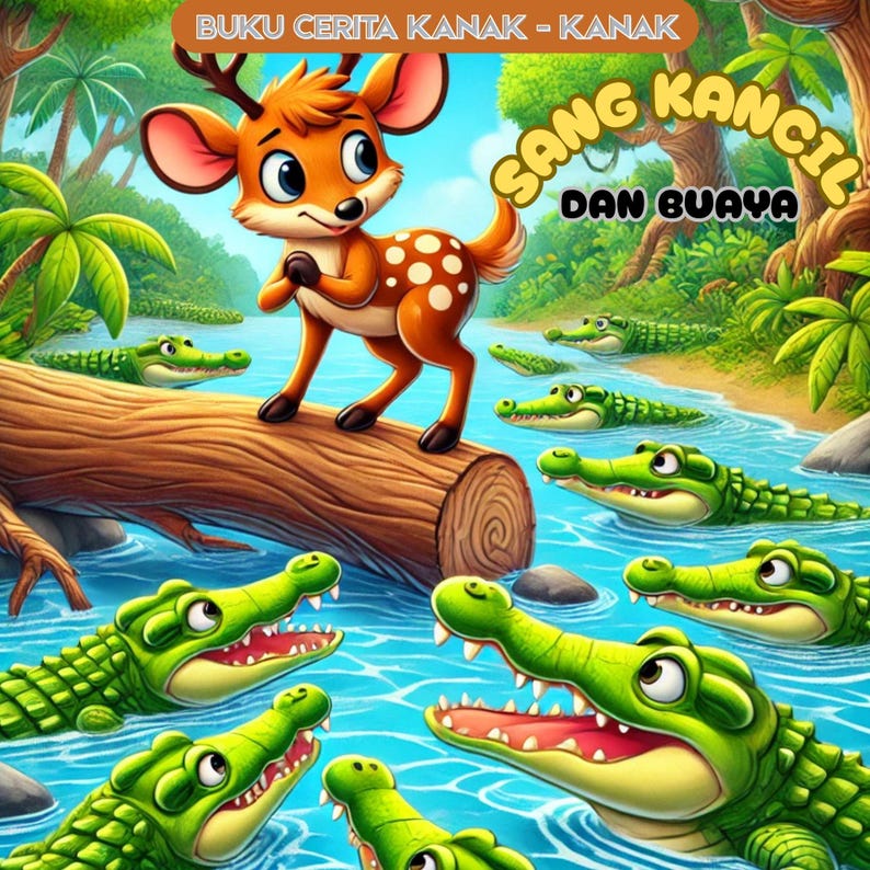 May include: A brown deer with white spots stands on a log over a blue river.  The deer is looking to the right.  There are several green crocodiles in the water, some with their mouths open.  The text "SANG KANCIL DAN BUAYA" is written in a yellow banner above the deer.