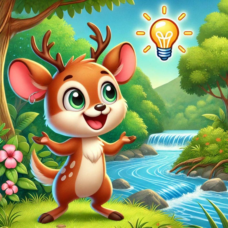 May include: A cartoon deer with brown fur and white spots stands in a green forest with a blue river and a waterfall. The deer has large, green eyes and a big smile. A yellow light bulb with rays of light is above the deer's head.