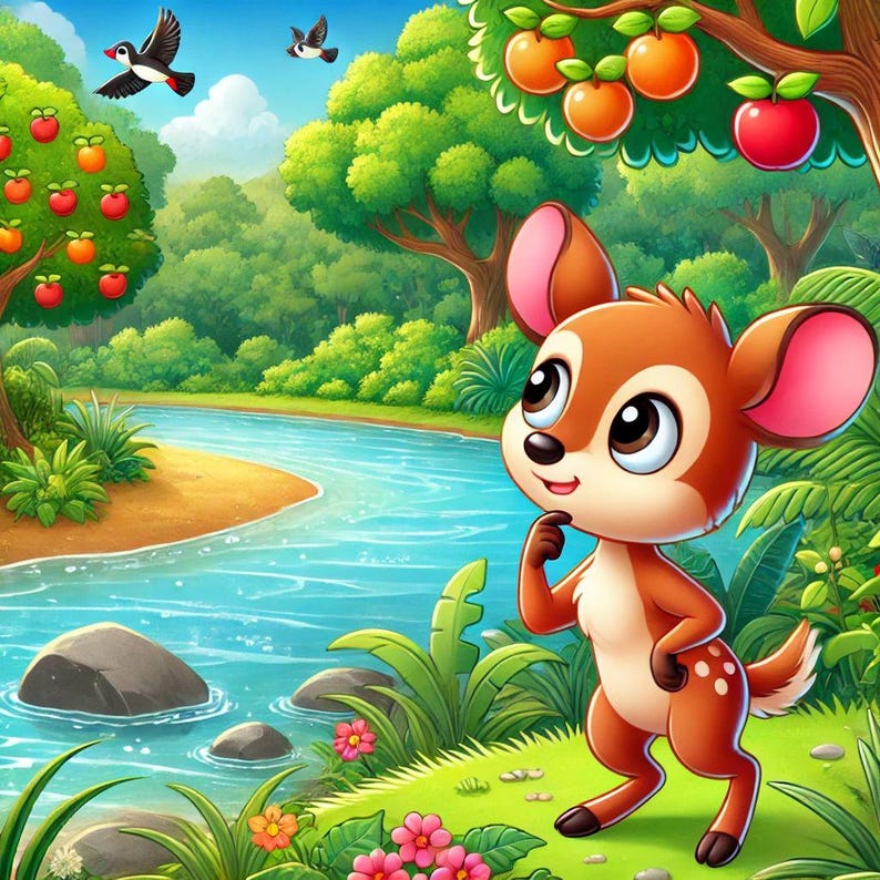 May include: A cartoon deer with large brown eyes stands in a green forest setting. The deer is looking up at a tree with red apples. A blue river flows through the forest.