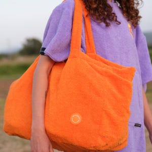Sac de plage en tissu éponge orange, sac à serviette réversible, sac à main de plage d'été, sac fait main, grand sac de plage avec poche intérieure
