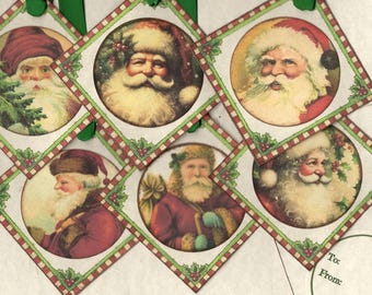 Santa Christmas Gift Tags Vintage Inspired Package Tags Assorted Santa Faces Present Gift Wrap Tags Labels Green Ribbon- Set of 6 Tags