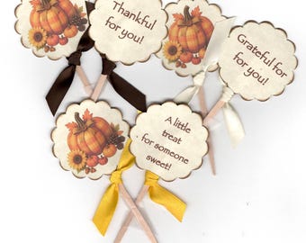 Fall Autumn Thanksgiving Cupcake Topper Party Picks Double Sided Pumpkin Cake Topper Picks  With Printed Message On Back Side - Set of 12
