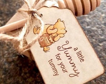 Etiquetas clásicas de agradecimiento para tarros de miel de Winnie the Pooh para baby shower: Un pequeño placer para tu barriguita. Etiquetas de agradecimiento para tarros de miel - Juego de 20