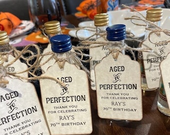 Custom Birthday Party Favor Tag Thank You Aged To Perfection Liquor Bottle Label Tags Vintage Style Personalized - Set of 12 Pre-strung Tags