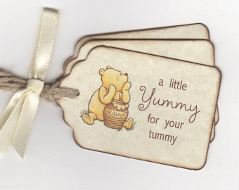 Winnie The Pooh Baby Shower Honey Favor Tags Bridal Shower A Little Yummy for Your Tummy Honey Jar Tags - Rustic Vintage Style Set of 20