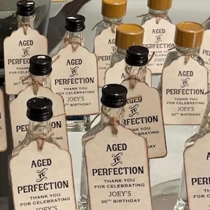 Birthday Party Liquor  Bottle Favor Tag Labels Aged To Perfection Custom Vintage Style Personalized - Set of 12 Pre-strung Tags