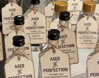 Birthday Party Liquor  Bottle Favor Tag Labels Aged To Perfection Custom Vintage Style Personalized - Set of 12 Pre-strung Tags