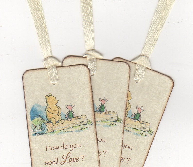 Winnie The Pooh Baby Shower Bookmark Favors Pooh Eeyore Piglet Birthday Party Bookmark Favor Gender Neutral Rustic Vintage Style Set of 10 image 3