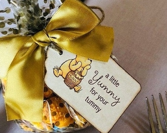 Winnie The Pooh Baby Shower Favor A Little Yummy for Your Tummy Party Honey Pot Jar Sweet Favor Label Tags - Vintage Style Set of 20