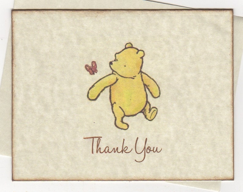 May include: A yellow cartoon bear with a red butterfly illustration. The bear is walking and looking at the butterfly. The text "Thank You" is written below the bear.