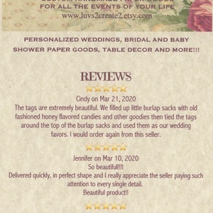 May include: Reviews for a business called "Paper And Other Oddities" by "luvs2create2". The business specialises in custom handmade paper goods for weddings, bridal and baby showers, table decor and more. The reviews are all positive and highlight the quality of the products and the seller's attention to detail.