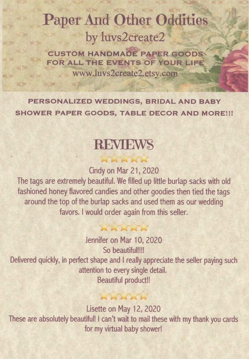 May include: Reviews for a business called "Paper And Other Oddities" by "luvs2create2". The business specialises in custom handmade paper goods for weddings, bridal and baby showers, table decor and more. The reviews are all positive and highlight the quality of the products and the seller's attention to detail.