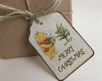 Winnie The Pooh Christmas Gift Tags, Merry Christmas Holiday Favor Tags - Rustic Vintage Style Set of 6