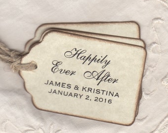 50 Personalized Happily Ever After Wedding Favor Gift Tags / Shower Favor Thank You Labels Hang Tags - Rustic Vintage Style
