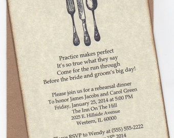 Wedding Rehearsal Dinner Invitation Card Fork Knife  Spoon Silverware  Envelope Included - Rustic Vintage Inspired Set of 10