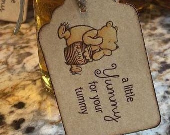 Winnie The Pooh Baby Shower Favor Tags, Baby Christening Birthday Party A Little Yummy for Your Tummy Tags - Vintage Style Set of 20