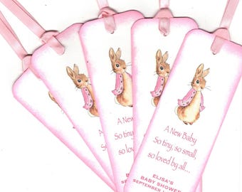 Pink Jacket Peter Rabbit Baby Shower Bookmark Favors Flopsy Bunny Personalized Birthday Bookmark Favor, Beatrix Potter Bookmark - Set Of 10