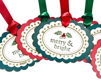 Christmas Gift Tags, Red Green Satin Ribbon and Sparkly Glitter - 6 Tags