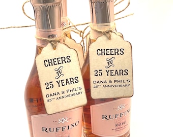 Anniversary or Birthday Personalized Party Mini Liquor Wine Champagne Bottle Favor Tags Thank You Favor CHEERS To Years Labels  - Set of 12