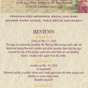 May include: Reviews for a business called "Paper And Other Oddities" by "luvs2create2". The business specializes in custom handmade paper goods for weddings, bridal and baby showers, table decor and more. The reviews are all positive and highlight the quality of the products and the seller's attention to detail.