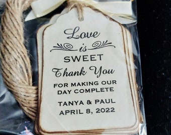 Wedding Thank You Favor Tags - Personalized LOVE IS SWEET Hang Tag Labels - Bridal Shower Engagement Party Tags- Vintage Rustic - 50 Tags