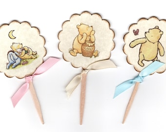 Winnie The Pooh Baby Shower Cupcake Topper Picks Cake Toppers Birthday Party Cupcake Picks Storybook toppers Gender Neutral  - Set of 10
