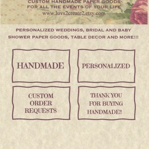 May include: A beige background with brown text that reads "Paper And Other Oddities by luvs2create2". Below the text is a description of custom handmade paper goods for all the events of your life. The website address is www.luvs2create2.etsy.com. Below the website address is a description of personalised weddings, bridal and baby shower paper goods, table decor and more. The text "HANDMADE" and "PERSONALISED" are in brown boxes. Below the boxes are two more boxes with the text "CUSTOM ORDER REQUESTS" and "THANK YOU FOR BUYING HANDMADE!!"