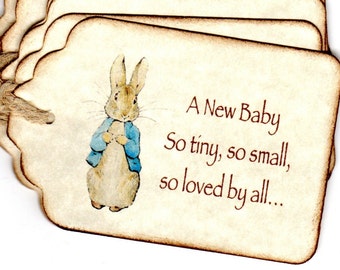 Peter Rabbit Baby Shower Favor Gift Tags Christening Baptism Favor Tags Beatrice Potter Bunny Tags - Vintage Style Set of 12 Tags