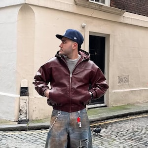 Vintage Burgundy Leather Bomber Jacket, Men&#39;s Oversized Jacket , 90s Look Burgundy Men&#39;s Leather Bomber Jacket.