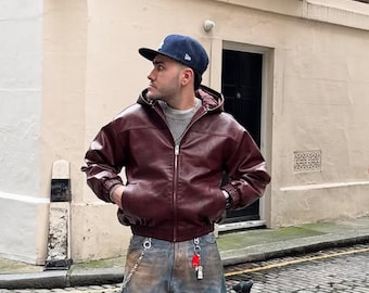 Vintage Burgundy Leather Bomber Jacket, Men&#39;s Oversized Jacket , 90s Look Burgundy Men&#39;s Leather Bomber Jacket.