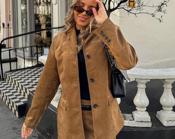 Brown Suede Blazer Jacket for Women | Fall & Spring Street Style | Retro Oversized Outerwear | Chic Casual Outfit Piece