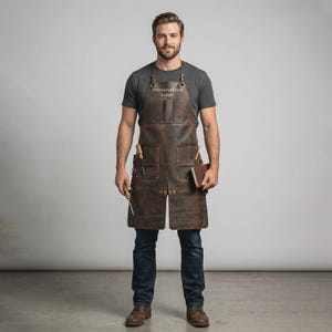 Distressed Brown Leather Apron, Split Leg Cross Back Work Apron, Blacksmith BBQ Barber Chef, Kitchen Wear Gift