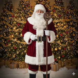 Costume de Père Noël en velours de luxe pour homme – Tenue de Noël avec chapeau et garniture en fourrure – Costume de Père Noël personnalisé pour homme – Cadeau idéal pour les fêtes