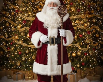 Deluxe Velvet Santa Claus Costume for Men – Fur Trim Suit Christmas Outfit with Hat – Holiday Custom Santa Suit for Men Gift