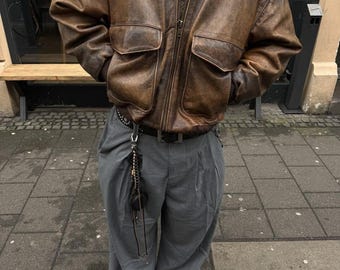 90's Vintage Distressed Brown Leather Bomber Jacket Classic Aviator Style Heavy Duty Men’s Jacket with Pockets Ribbed Cuffs Sheep Leather