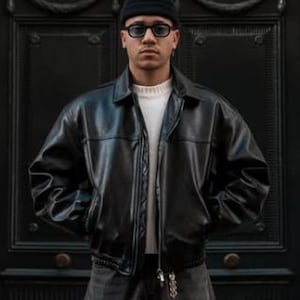 ジャケット・アウター 90s vintage ramb Leather blouson BLK M Handmade Vintage Black Leather Bomber Jacket for Mens 90s Retro