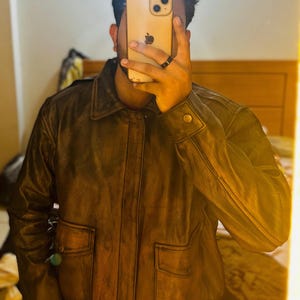 Vintage Brown Leather Bomber Jacket Men | Real Distressed Leather | Retro Aviator Style | Classic Winter Outerwear