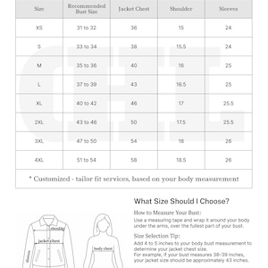 May include: A size chart in inches for jackets, with bust, chest, shoulder, and sleeve measurements. Includes a guide on how to measure your bust and select the correct jacket size. The chart is labeled "Size Chart According to U.S. Standards."
